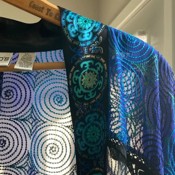 Chico's Silk Rayon Embroidered Patchwork Velvet Burnout Fairycore Kimono Topper - Picture 8 of 10